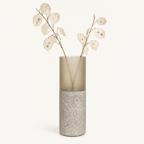Glass-and-concrete vase – frosted, cylinder, with floral arrangement – decor not included