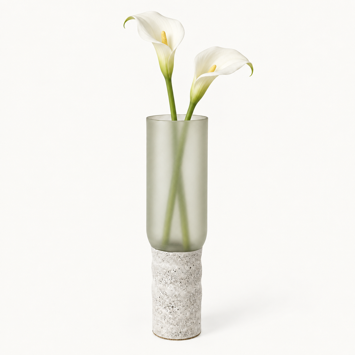 Glass-and-concrete vase – frosted, waisted base, with floral arrangement – decor not included