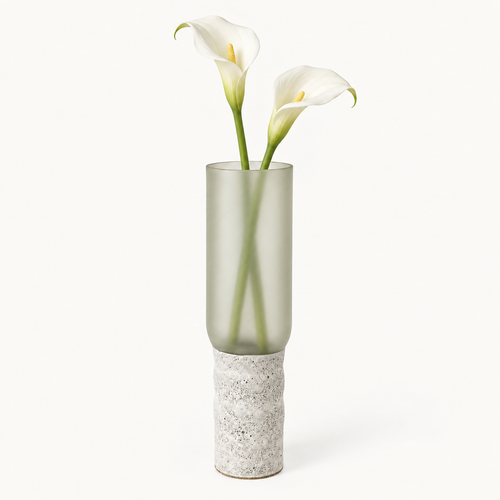 Glass-and-concrete vase – frosted, waisted base, with floral arrangement – decor not included