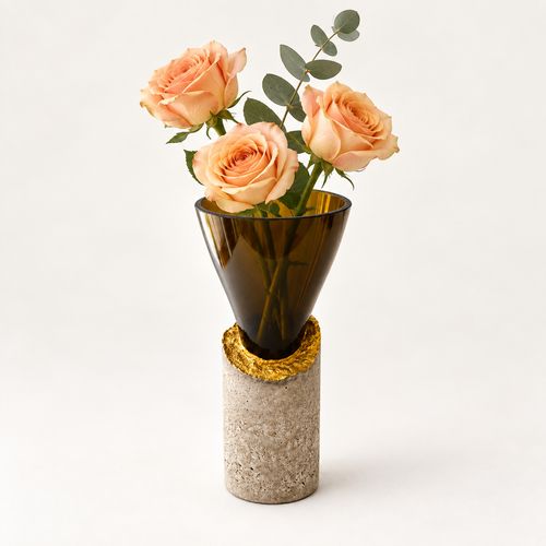 Glass-and-concrete vase – brown glass, tapered with gold-tone accent, floral arrangement – decor not included