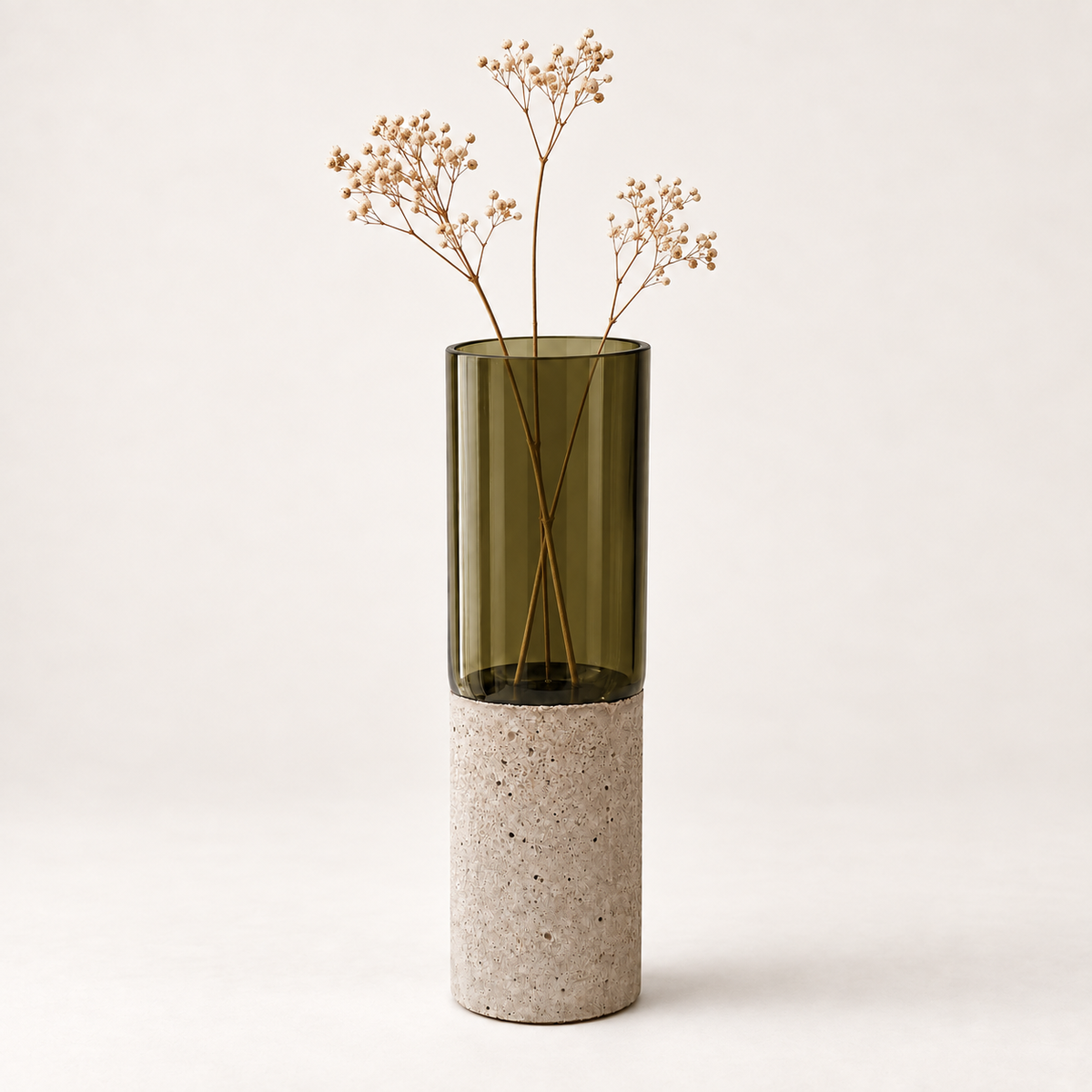 Glass-and-concrete vase – olive green, tall cylinder with floral arrangement – decor not included