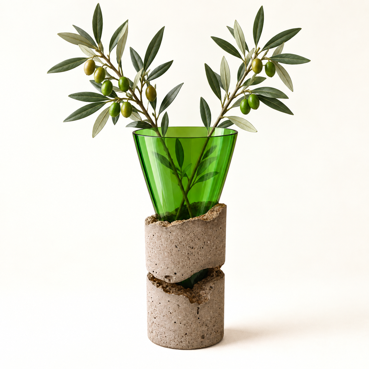 Glass-and-concrete vase – green, sculptural double base with floral arrangement – decor not included