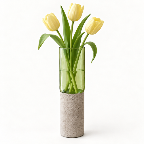 Glas-Beton-Vase – Hellgrün · hohe Zylinderform mit floralem Arrangement – Dekoration nicht im Lieferumfang