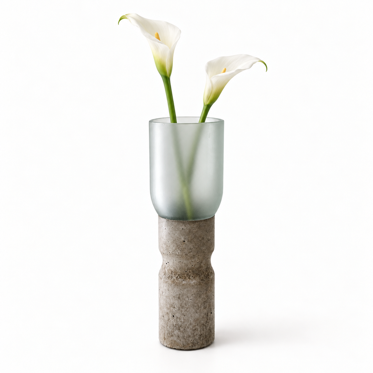 Glass-and-concrete vase – frosted glass, waisted base with floral arrangement – decor not included