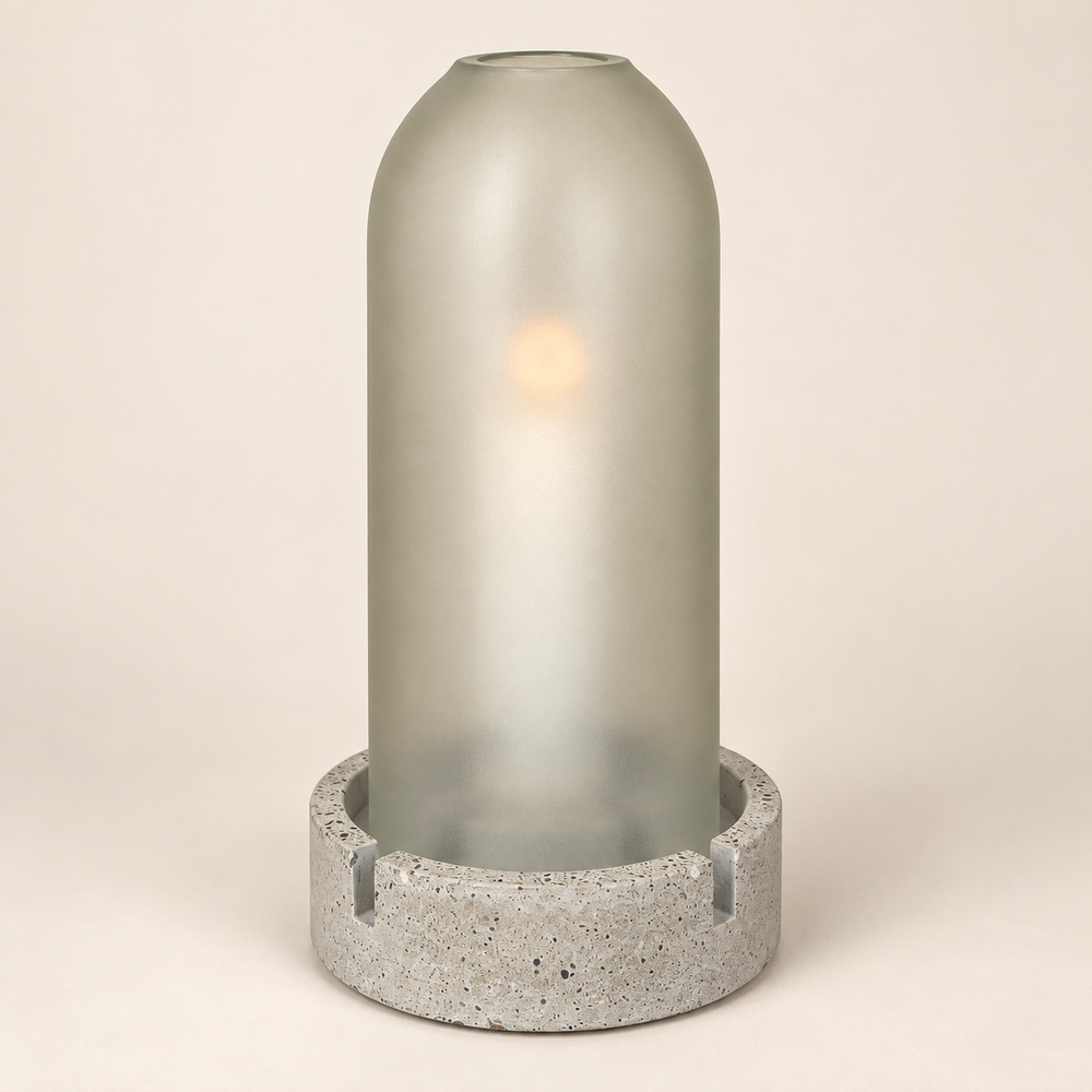 Windlicht aus Glas & Beton – Matt – Teelicht