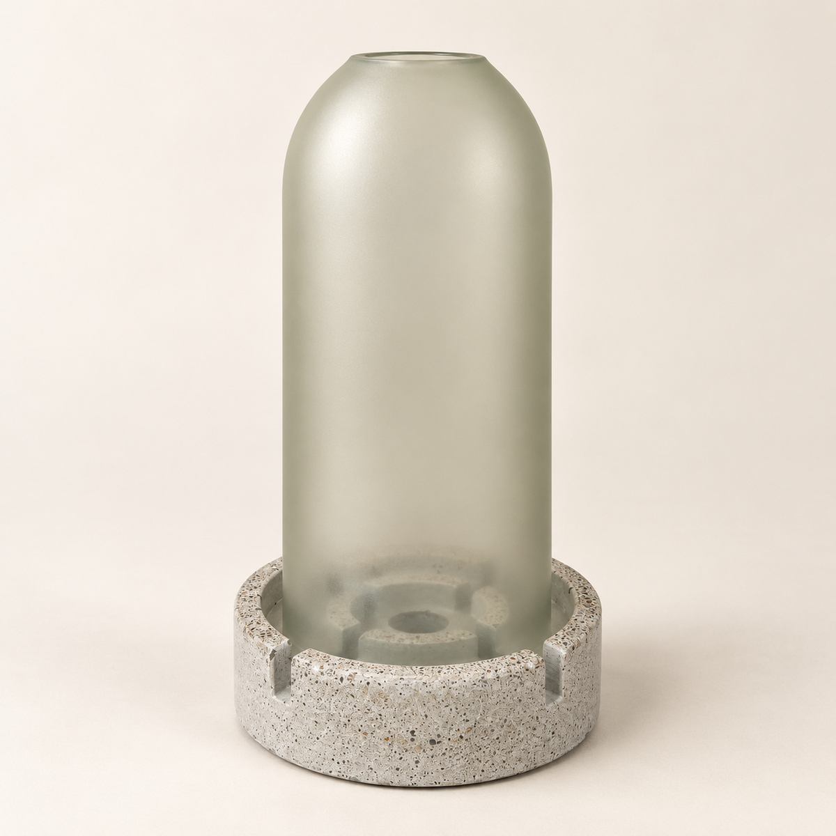 Windlicht aus Glas & Beton – Matt – Teelicht + Stabkerze