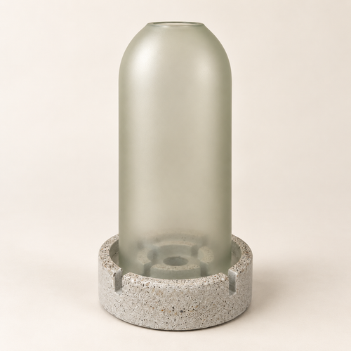 Windlicht aus Glas & Beton – Matt – Teelicht + Stabkerze