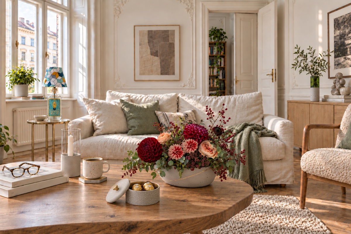 Viennese living room in daylight with a Wien Gin bottle lamp, concrete plant pot, green and clear glass-and-concrete vases, gold-coloured concrete box, half-gold hexagon coaster and an autumn flower arrangement.