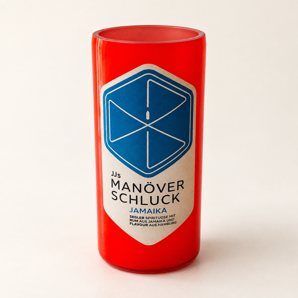 Red JJs Manöverschluck Jamaica bottle vase with original label