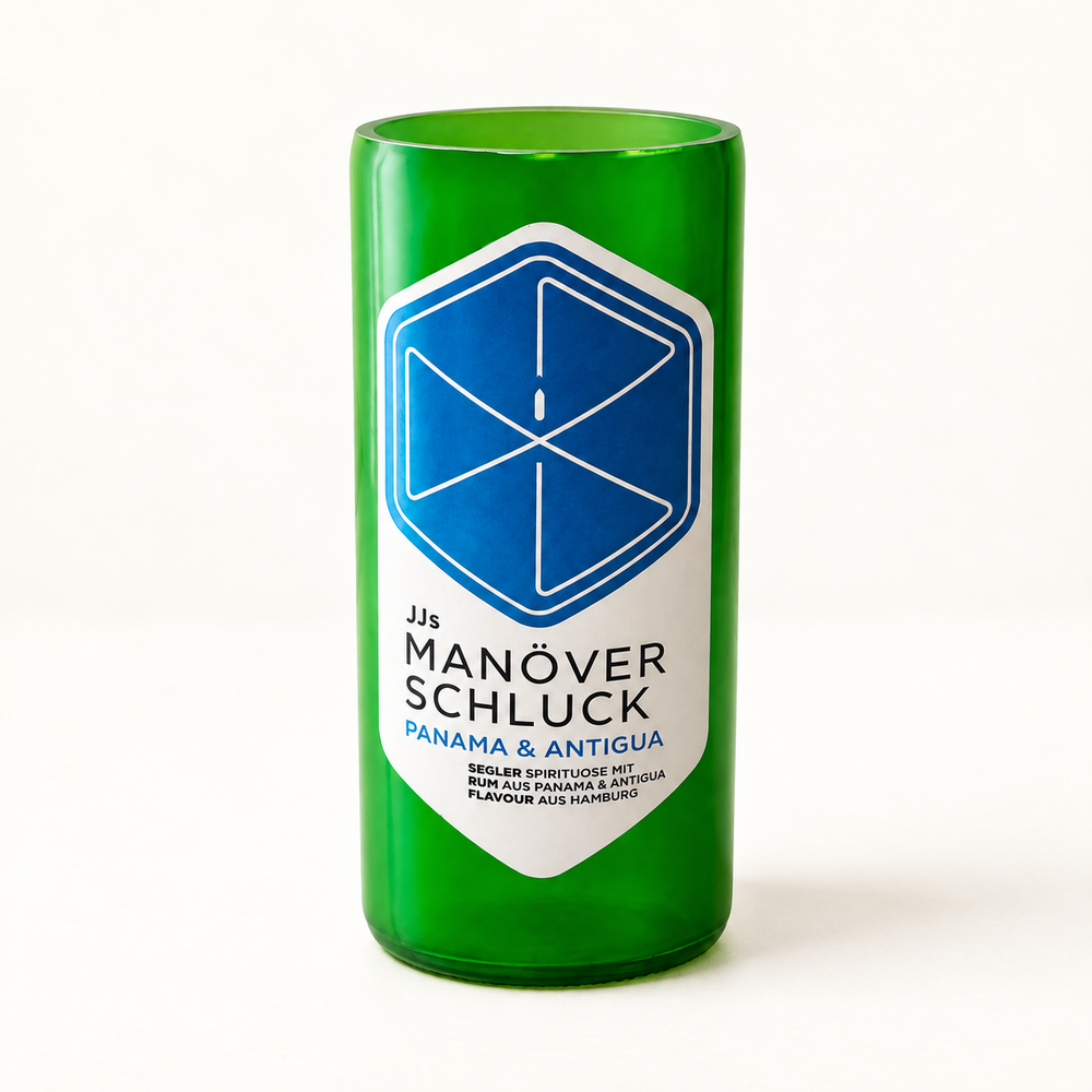 Handmade green JJs Manöverschluck Panama and Antigua bottle vase against a light background