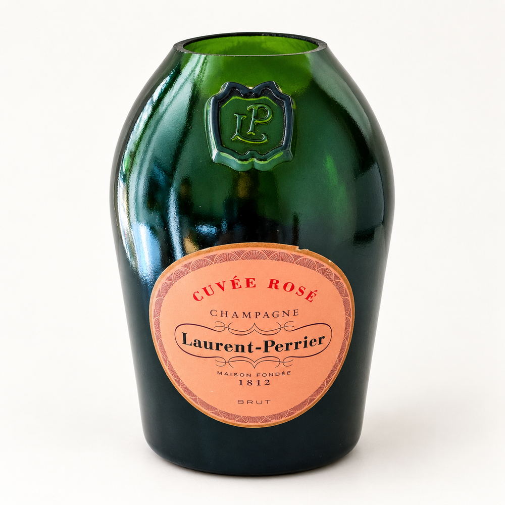 Handmade dark green bottle vase made from a Laurent-Perrier Cuvée Rosé champagne bottle