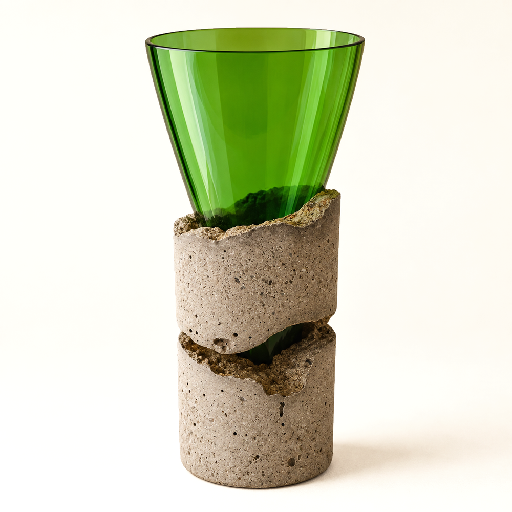 Glas-Beton-Vase in Grün mit skulpturalem Doppelsockel auf hellem Hintergrund
