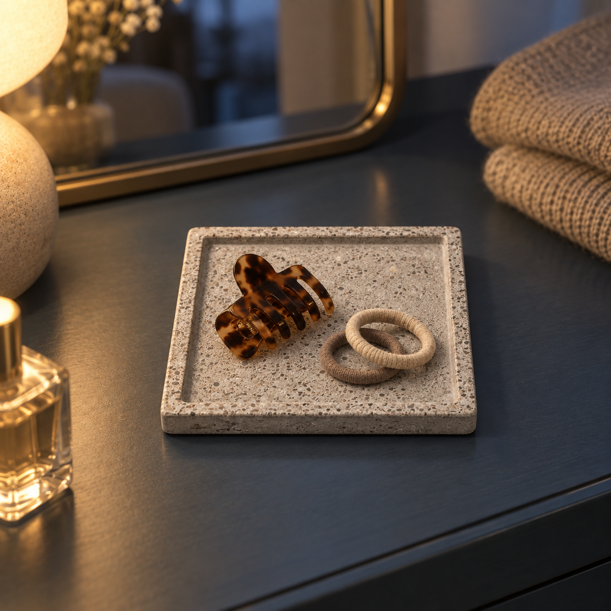 Natural concrete square coaster used to hold hair accessories