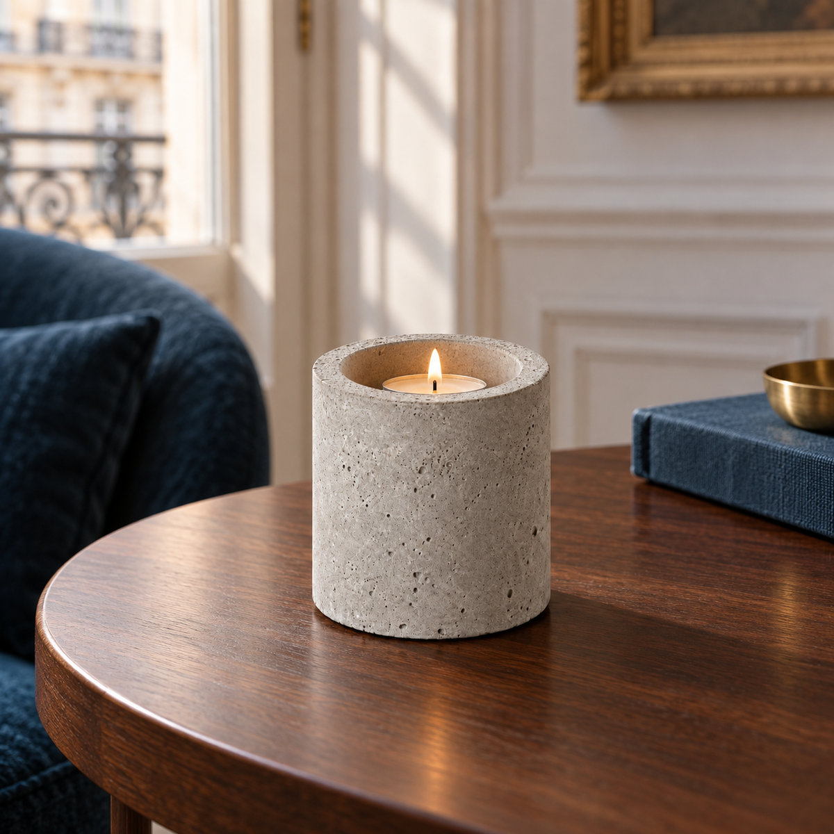 Vario Beton-Kerzenständer mit Teelicht auf dunklem Holztisch